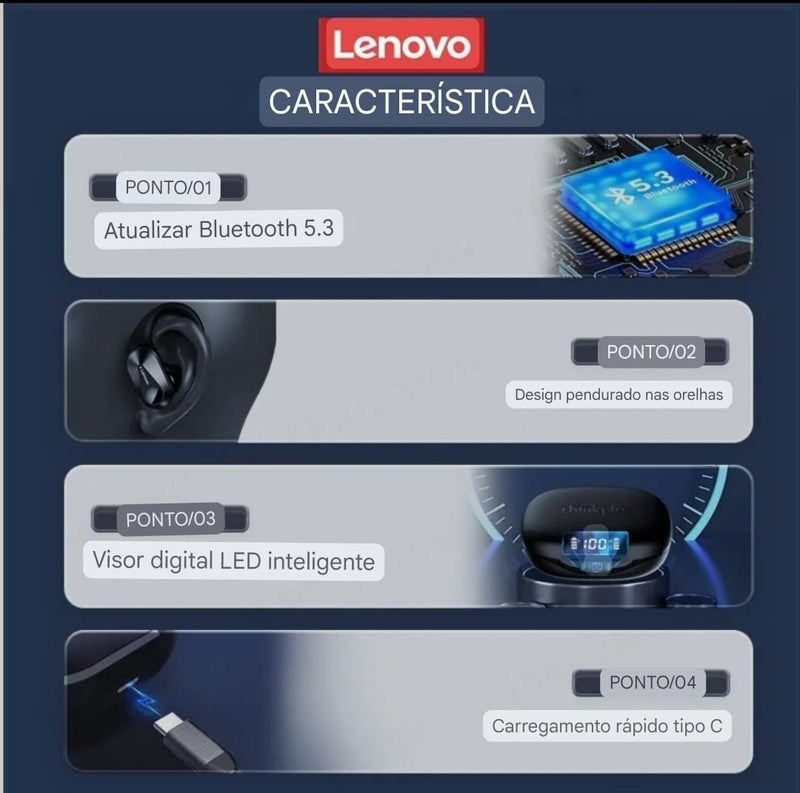 Fone de ouvido Lenovo LP75 Bluetooth 5.3 Earphones TWS Wireless Sport Headphones LED Digital Display HiFi Stereo Noise Reduction Gaming Earbuds